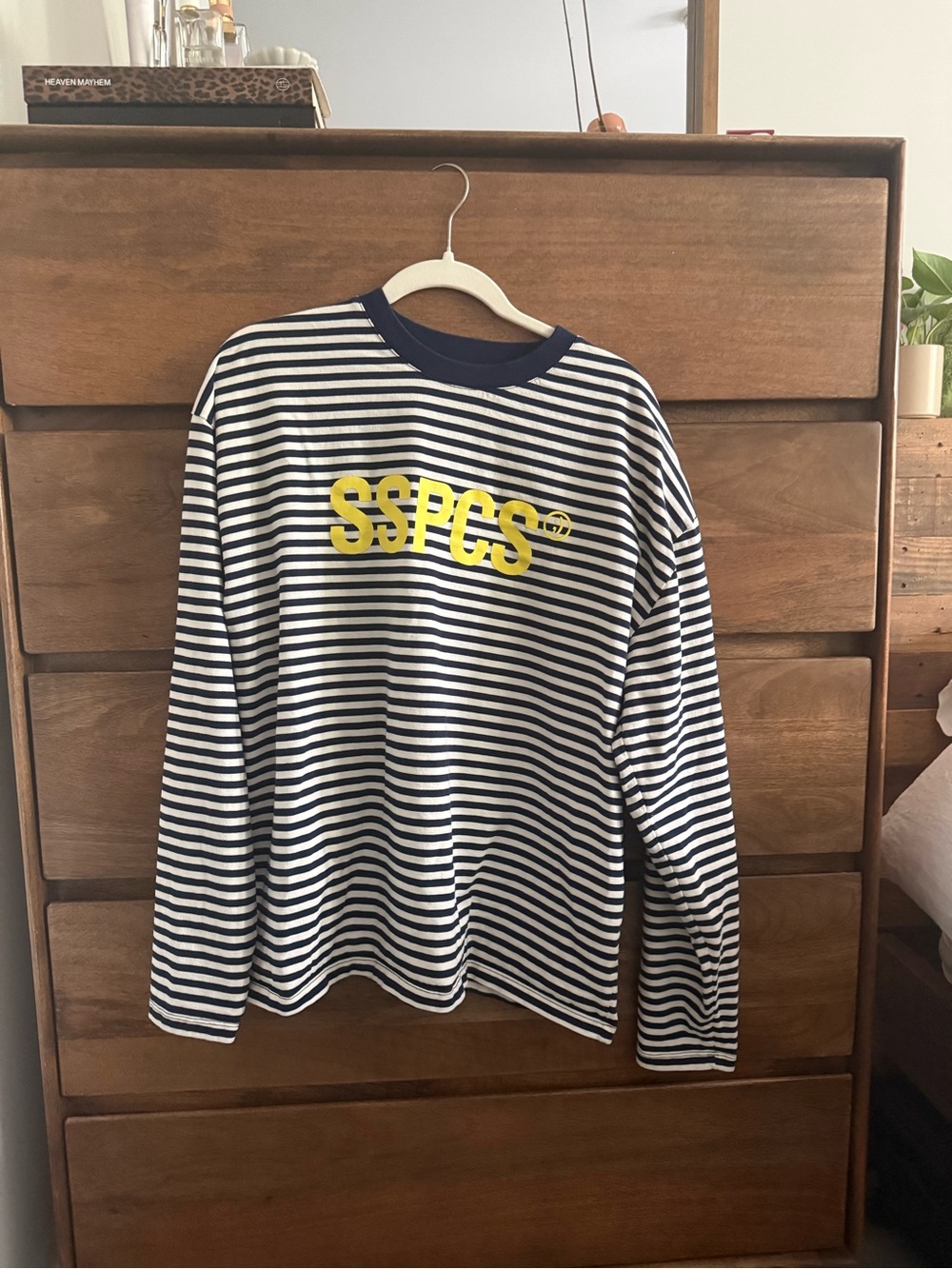 Striped Long Sleeve Tee - Navy/White with Yellow Logo